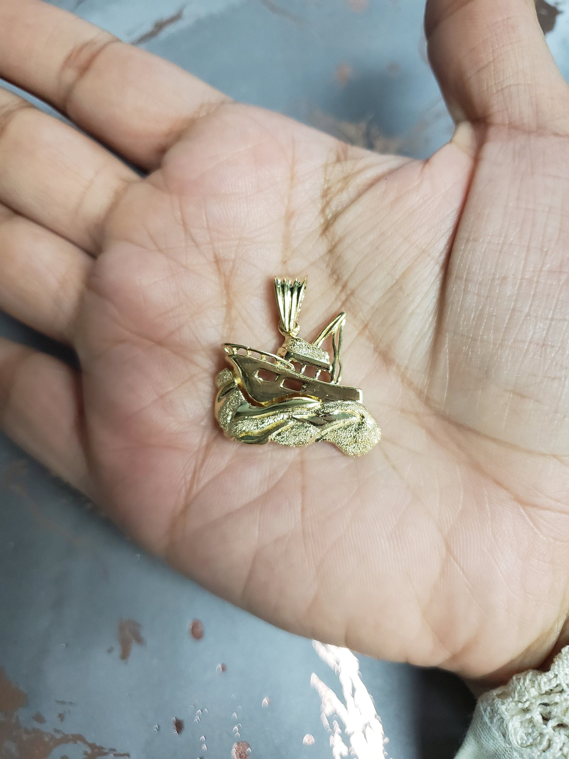 Boat On Water with Sand Texture Charm/Pendant 14k Yellow Gold