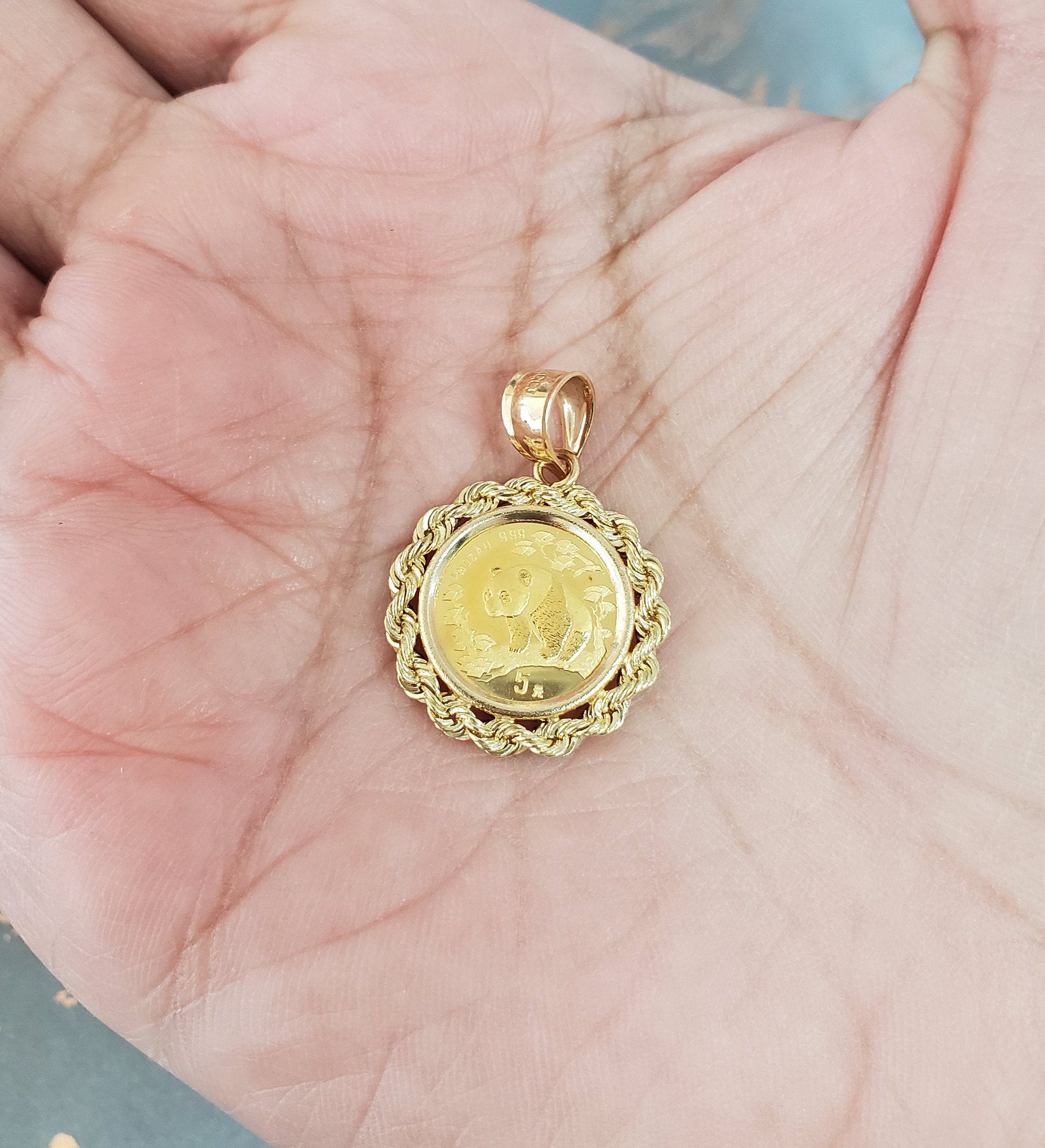 1997 Fine Gold Panda Coin .999 1/20OZ Pendant with 14k Yellow Gold Twisted Rope Bezel