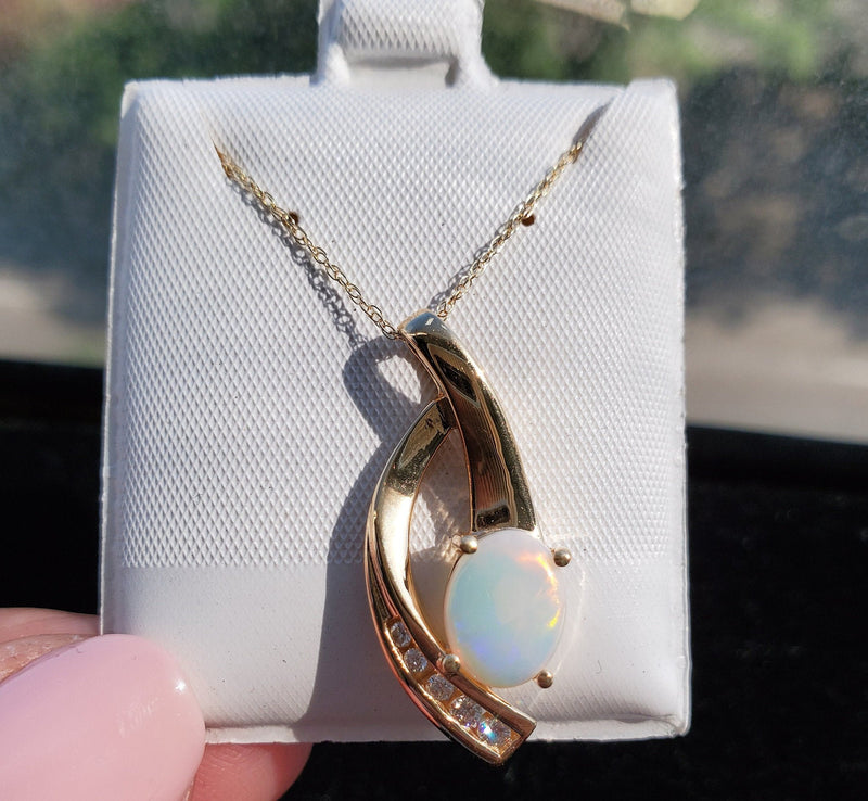 Oval Opal Diamond Necklace 14k Yellow Gold