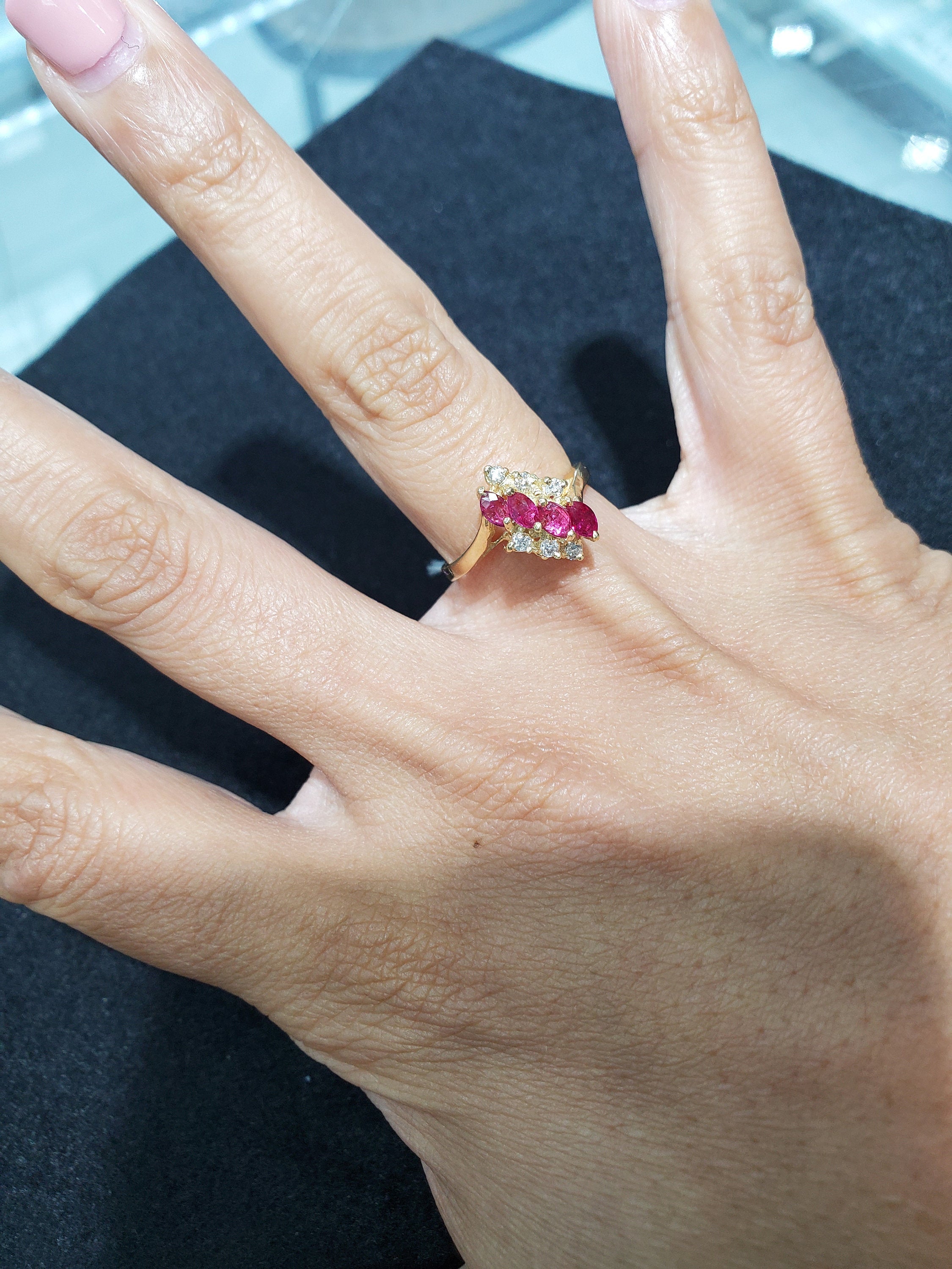 Marquise Ruby Diamond Cluster Ring 14k Yellow Gold