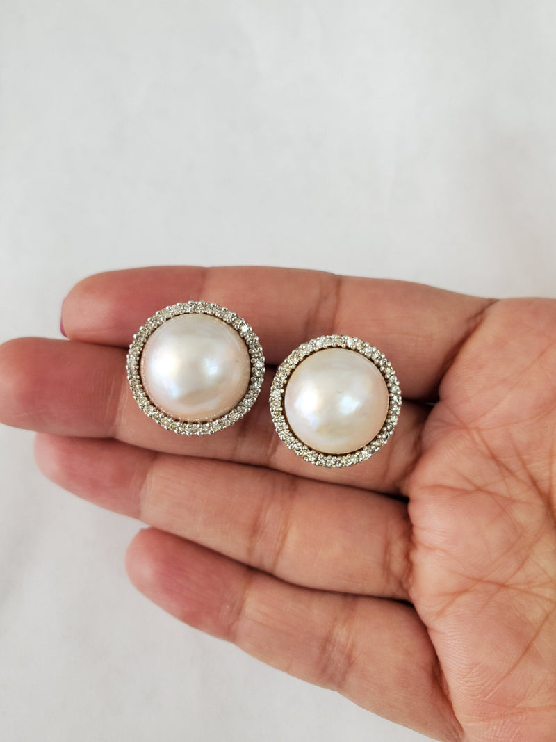 Freshwater Pearl Diamond Halo Clip on Earrings 1.00cttw 14k White Gold