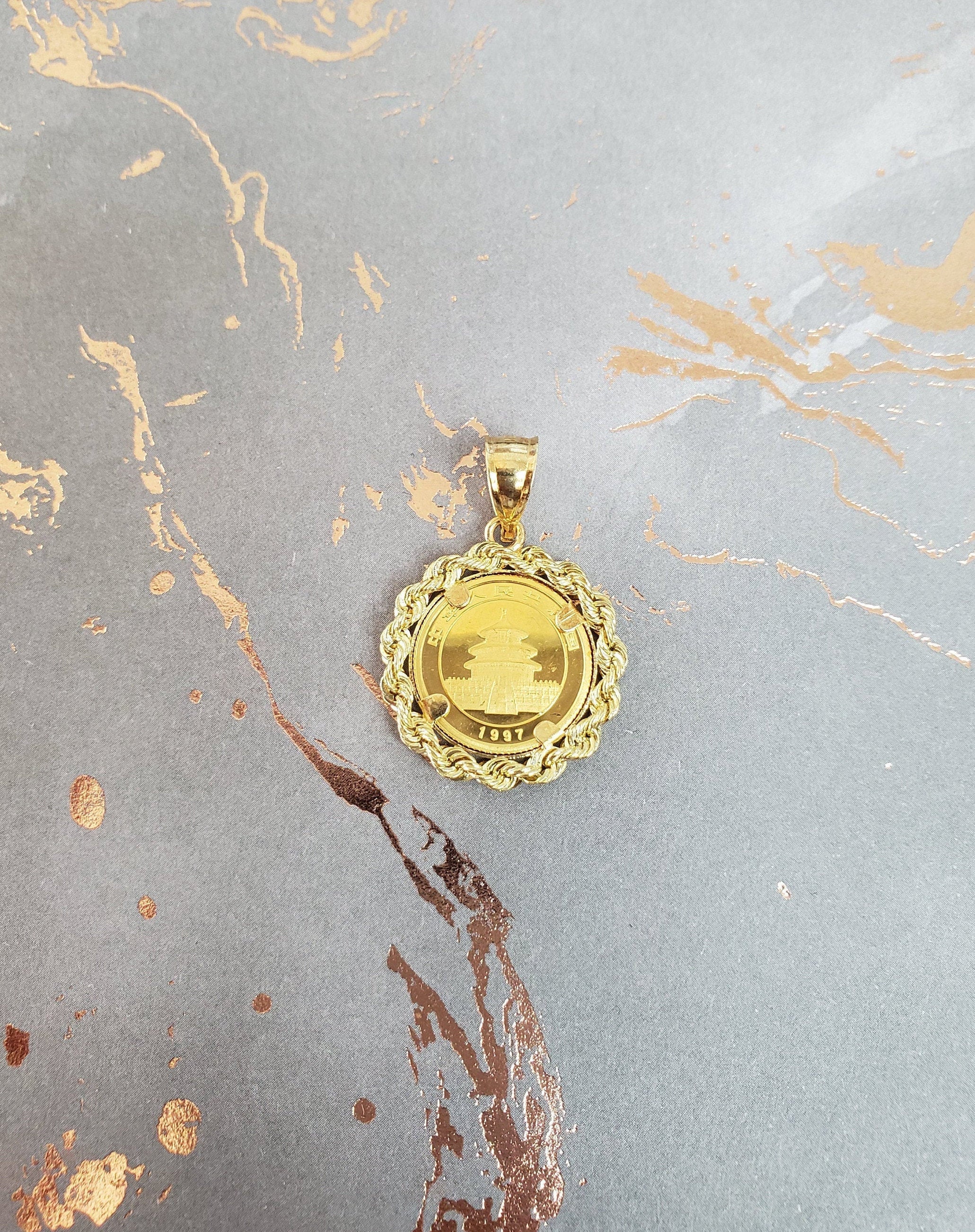 1997 Fine Gold Panda Coin .999 1/20OZ Pendant with 14k Yellow Gold Twisted Rope Bezel