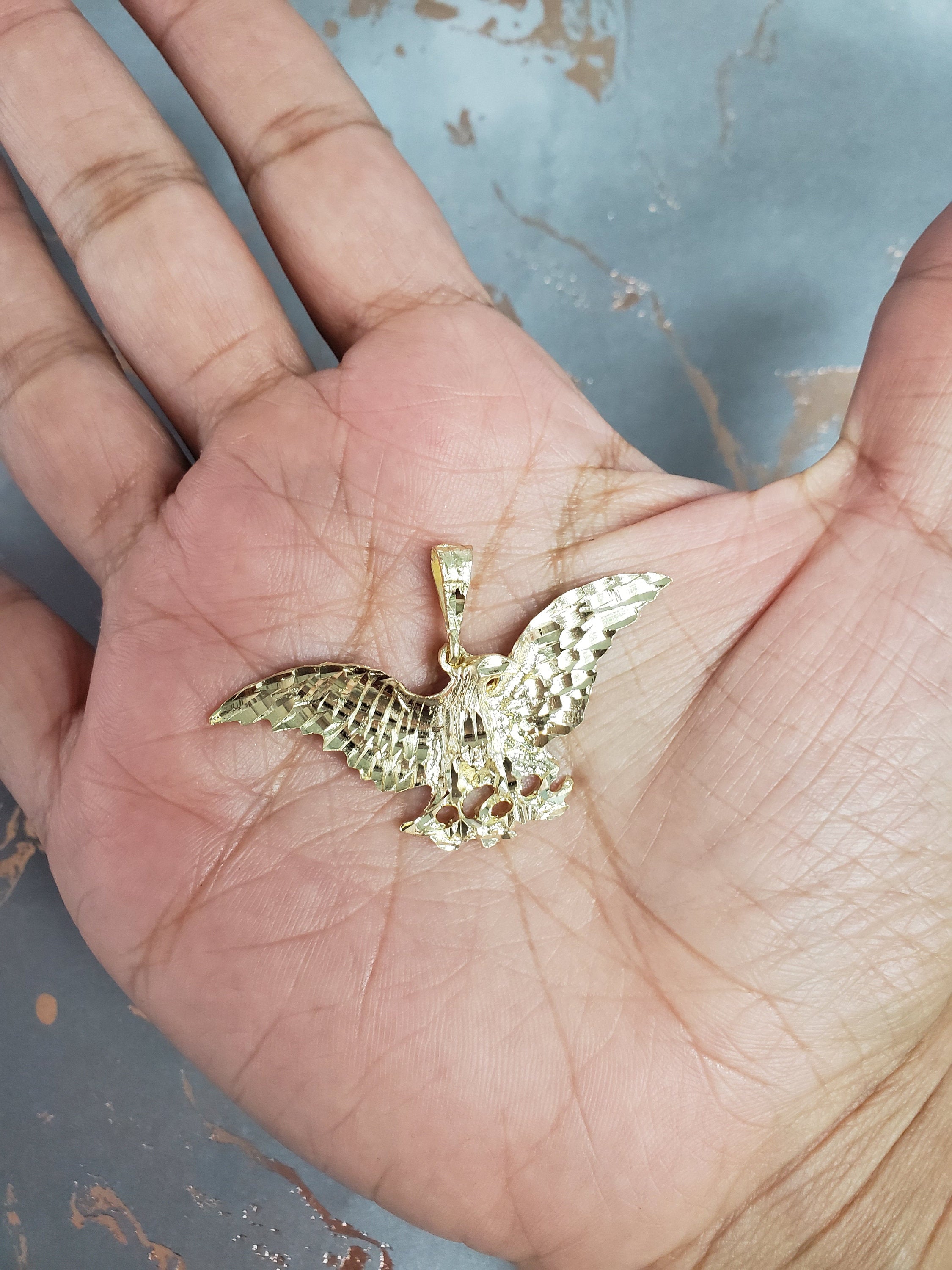 Eagle Perched on Branch with Diamond Cuts 14k Yellow Gold