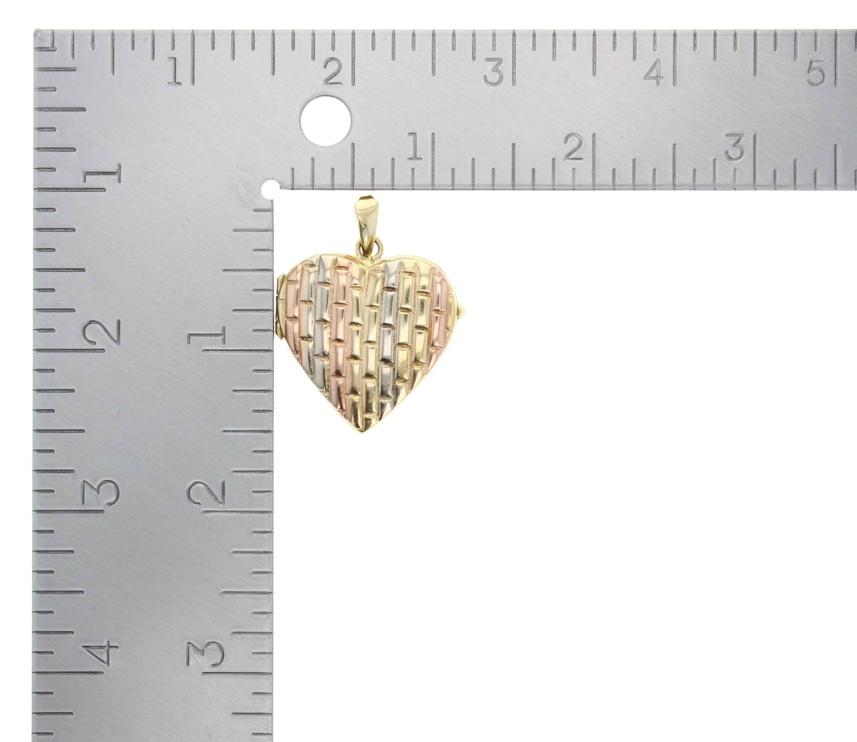 Brick Pattern Heart Shaped Gold Locket with White, Rose & Yellow Finish 14k Yellow Gold