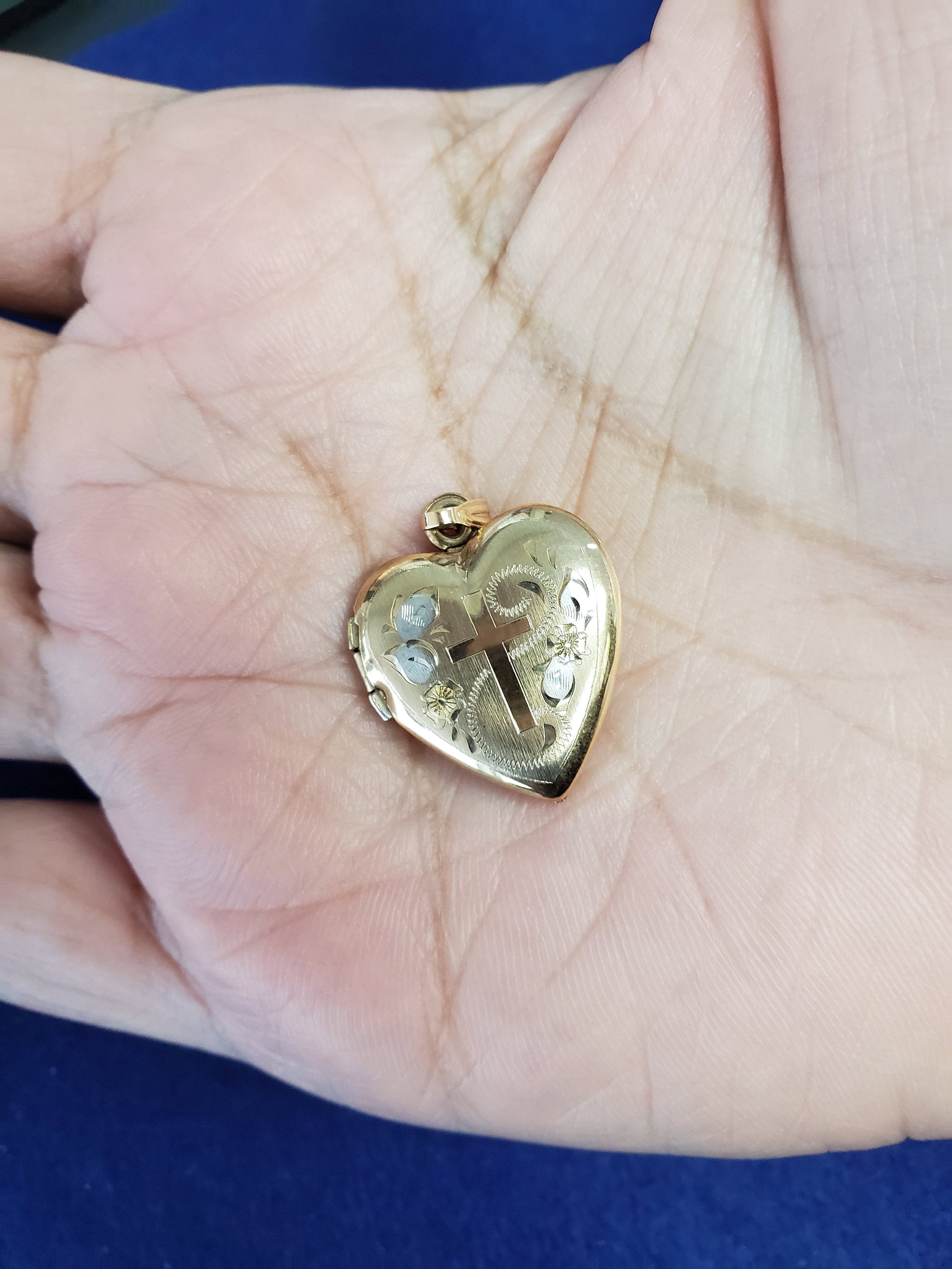 Heart Shaped Locket with Cross & Flower design 14k Yellow Gold