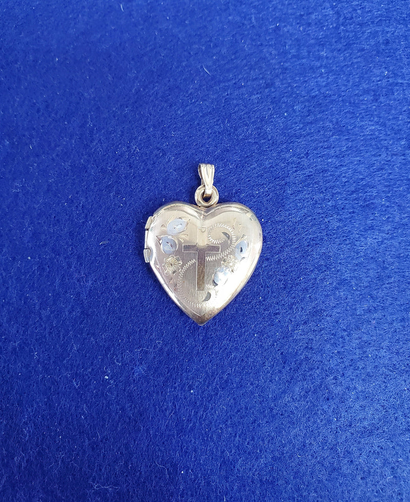 Heart Shaped Locket with Cross & Flower design 14k Yellow Gold