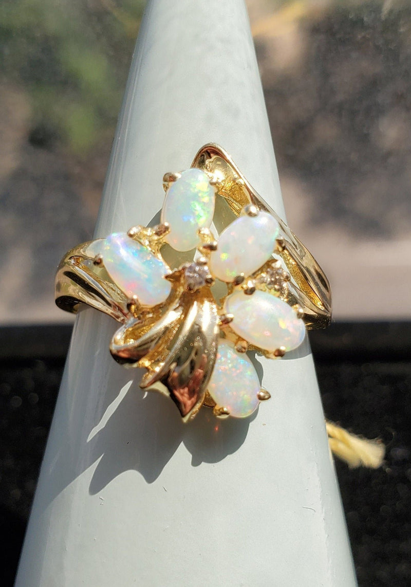 Oval Opal Cluster Diamond Ring 14k Yellow Gold