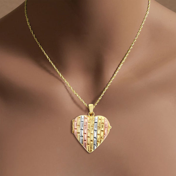 Brick Pattern Heart Shaped Gold Locket with White, Rose & Yellow 14k Gold