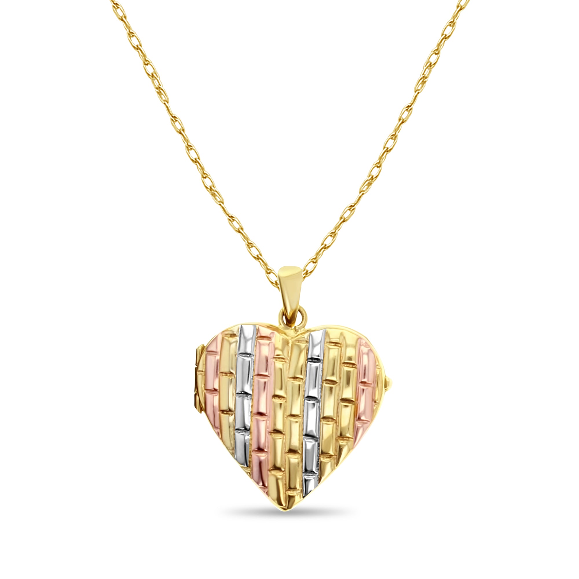 Brick Pattern Heart Shaped Gold Locket with White, Rose & Yellow 14k Gold