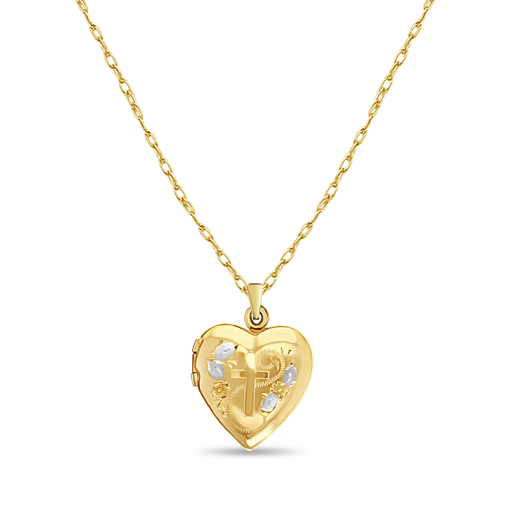 Medallón en forma de corazón con diseño de cruz y flor en oro amarillo de 14 k