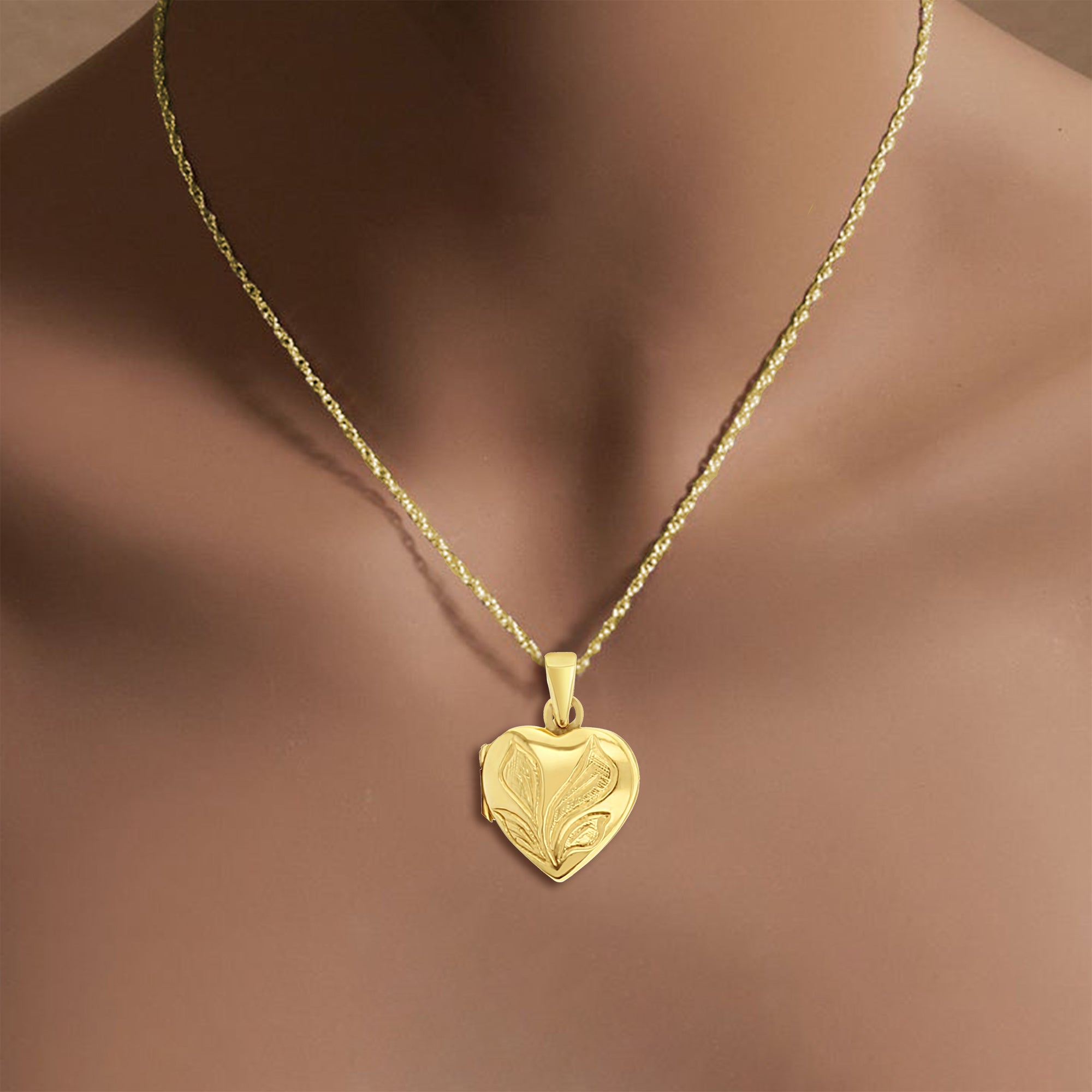 Heart Shaped Gold Locket with Calla Lily Design 14k Yellow Gold