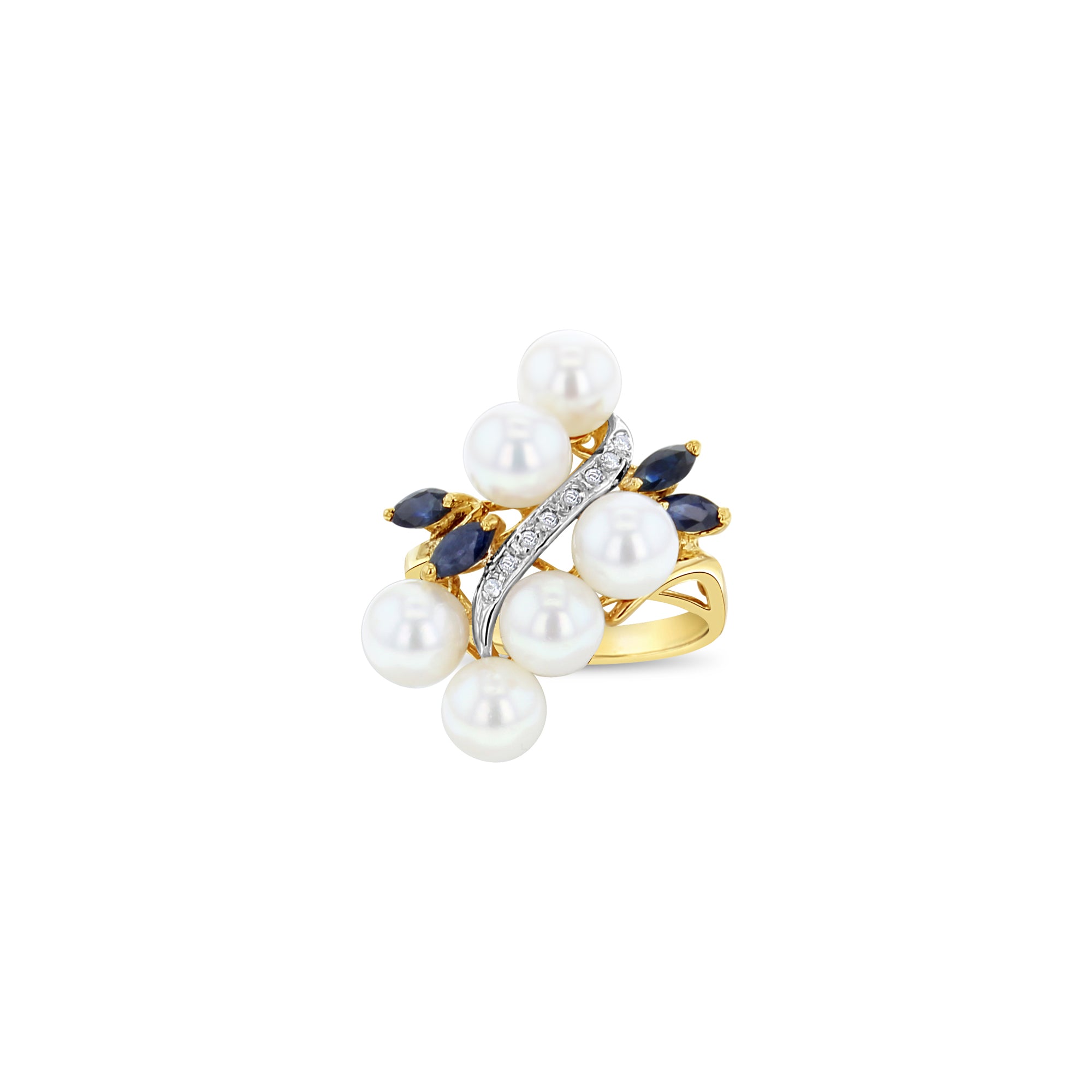 Freshwater Pearl, Sapphire & Diamond Cluster Ring 14k Yellow Gold