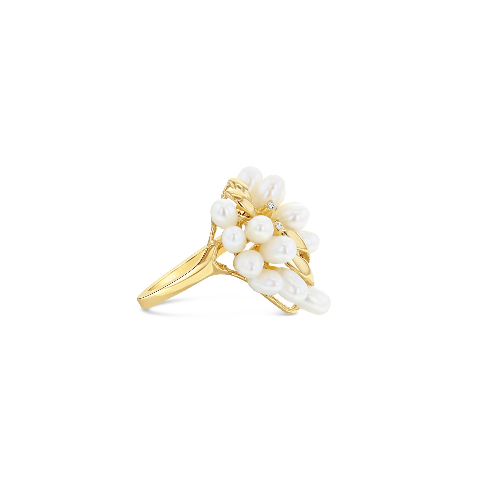 Freshwater Pearl Grape Cluster Cocktail Ring with Small Diamonds 14k Yellow Gold