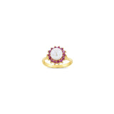 Freshwater Pearl & Ruby Halo Ring 14k Yellow Gold