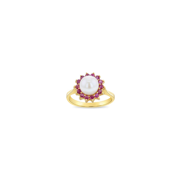 Freshwater Pearl & Ruby Halo Ring 14k Yellow Gold