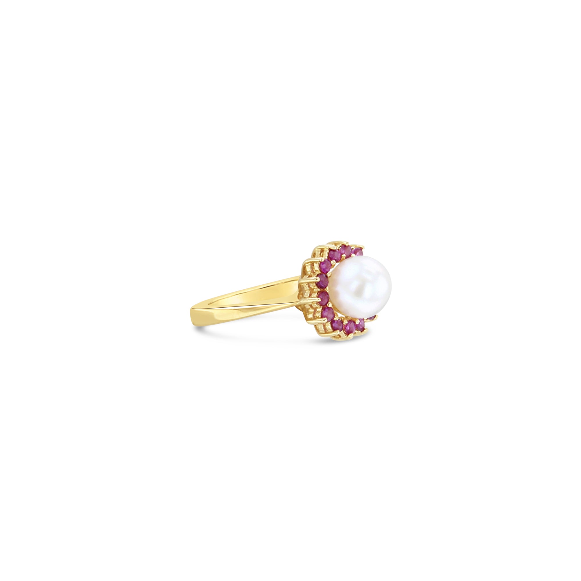 Freshwater Pearl & Ruby Halo Ring 14k Yellow Gold