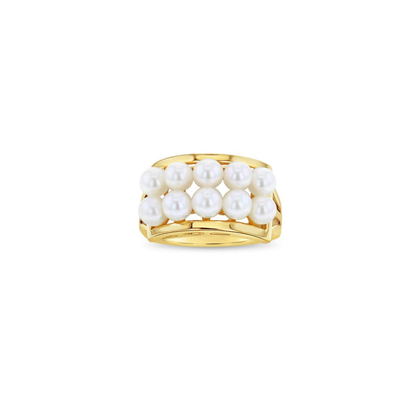 Double Row Horizontal Freshwater Pearl Cluster Ring 14k Yellow Gold