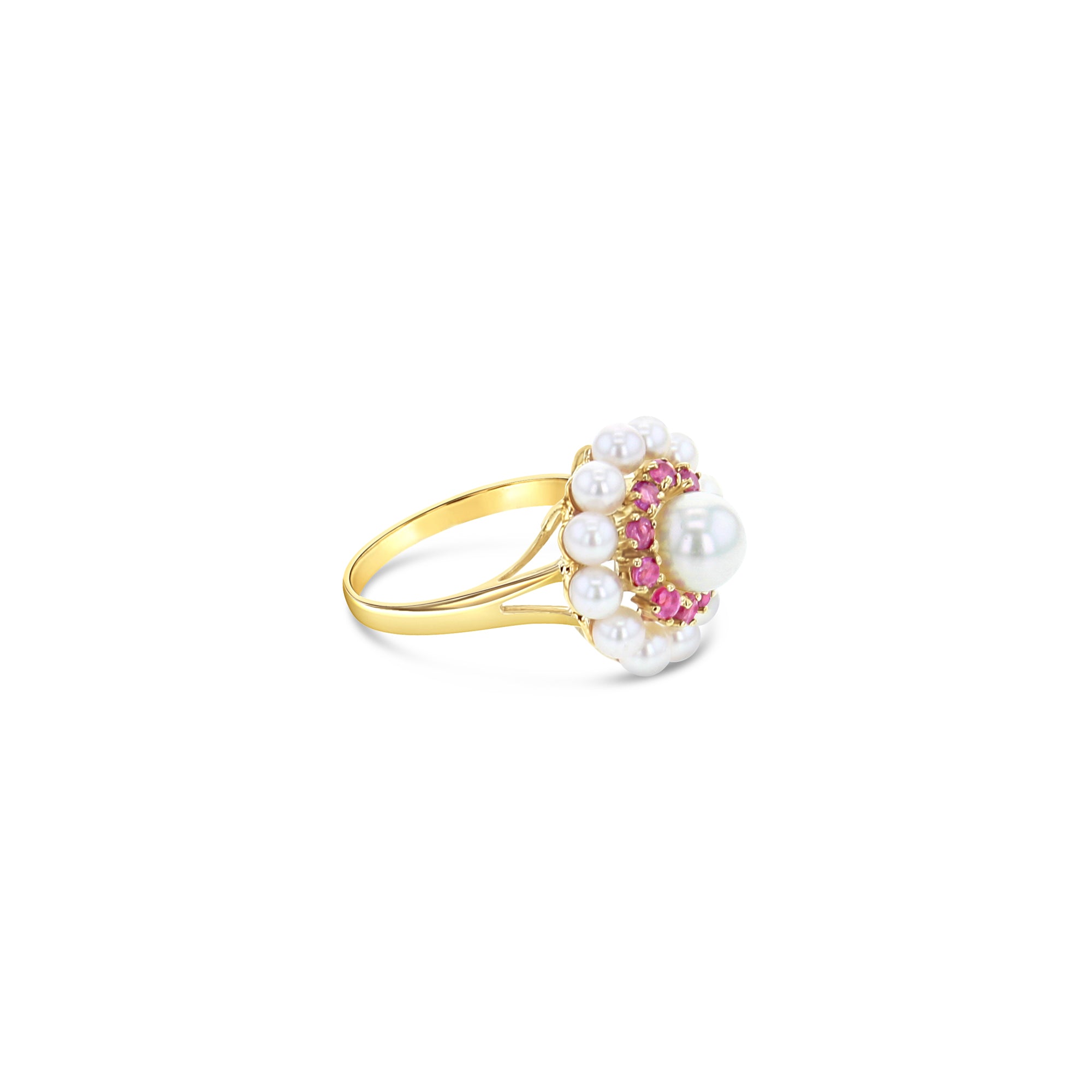 Double Halo Pearl & Ruby Ring 7MM Pearl 14k Yellow Gold