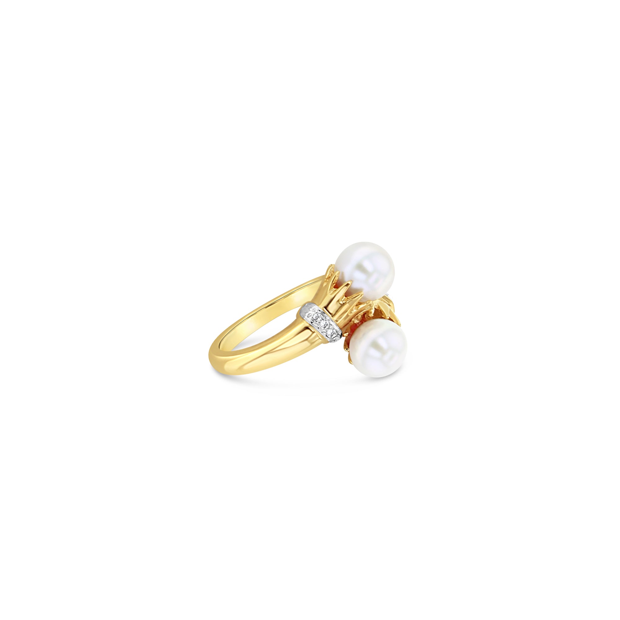 Bypass Pearl Ring with Diamond Intersecting Crowns 7MM 14k Yellow Gold