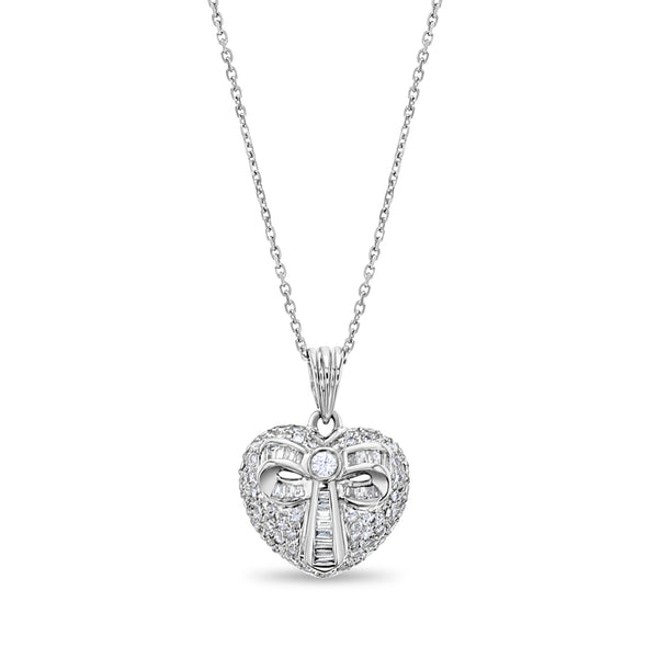 Diamond Heart Shaped Pave Pendant with Bow .61cttw 18K White Gold