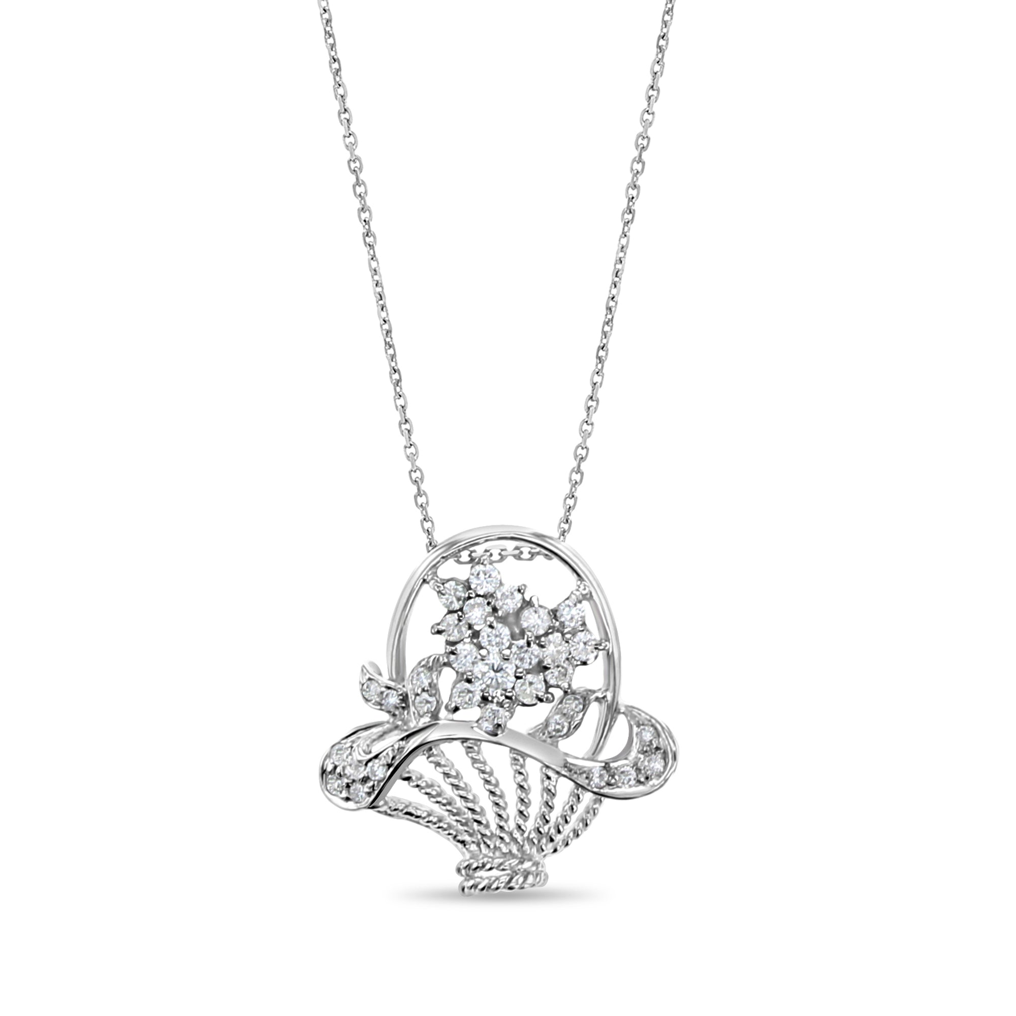 Pendentif en forme de panier de fleurs en diamant, 50 ct, or blanc 18 carats