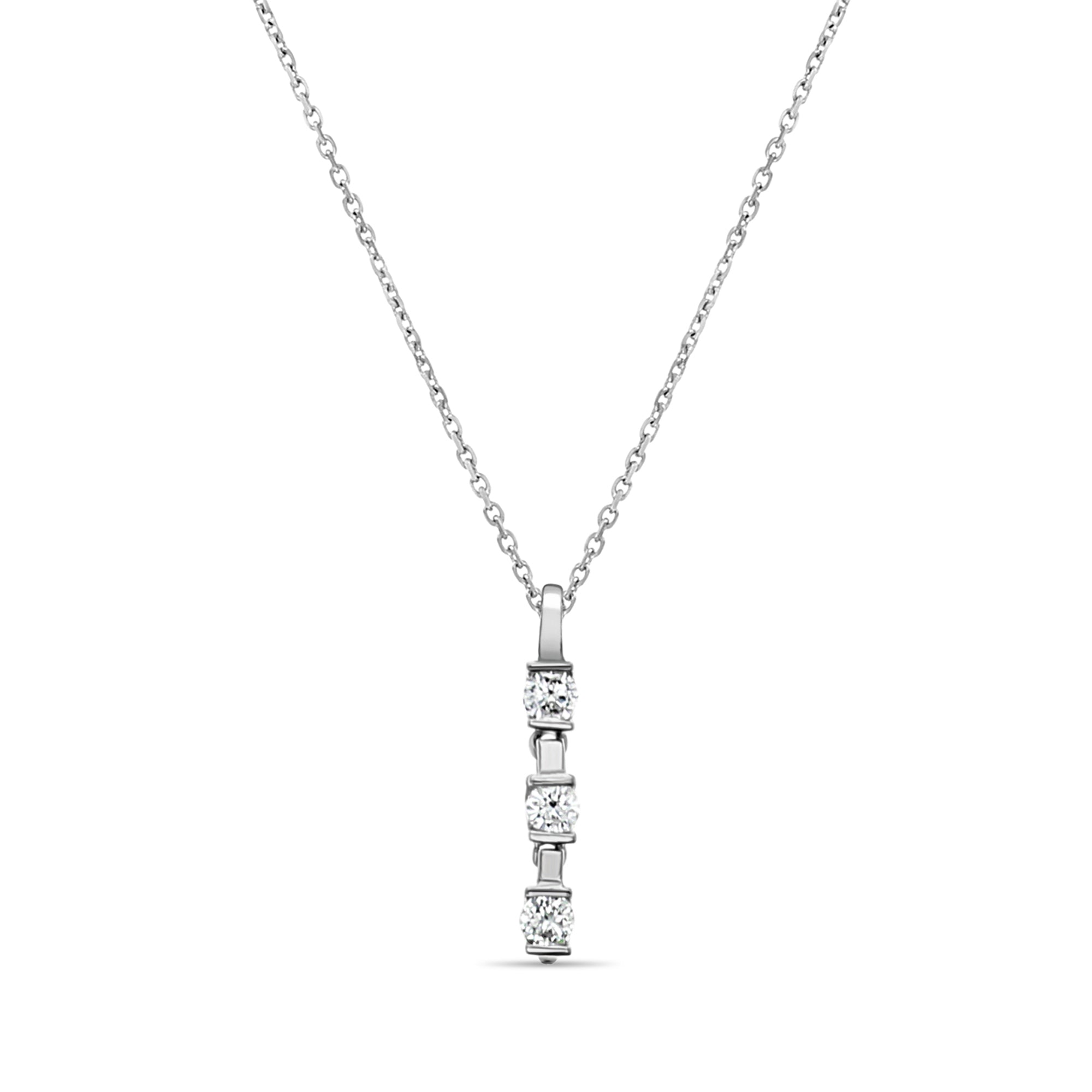 Colgante vertical de tres piedras, 0,26 ct, oro blanco de 18 k