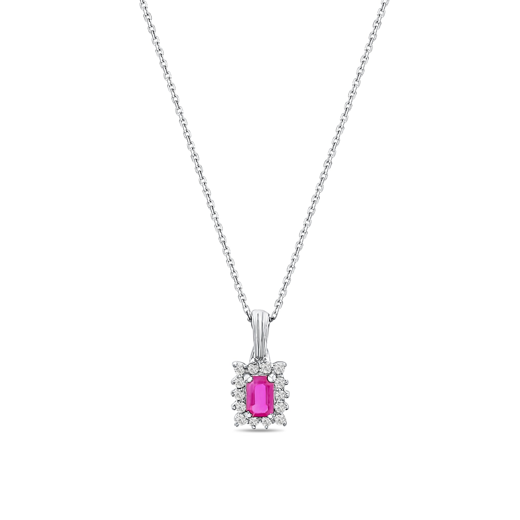 Pendentif halo de rubis et de diamants 0,87 ct en or blanc 14 carats