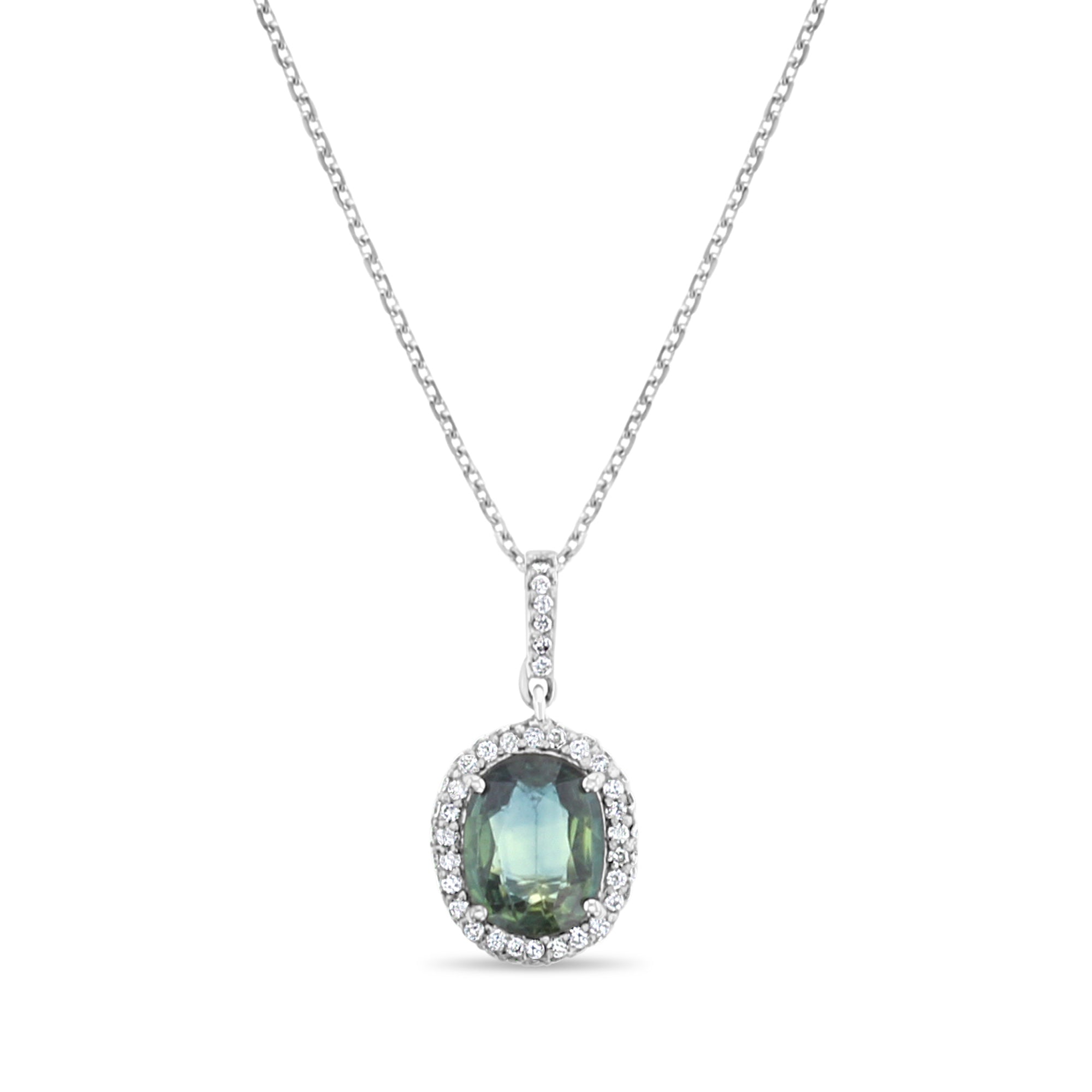 Pendentif en or blanc 14 carats avec diamants et saphir ovale de 2,36 ct