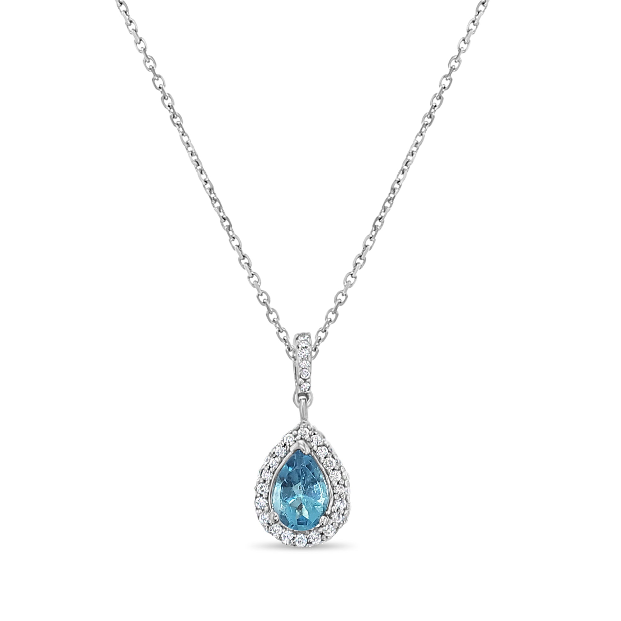 Colgante de diamantes en forma de lágrima con topacio azul océano de 0,37 ct en oro blanco de 14 k