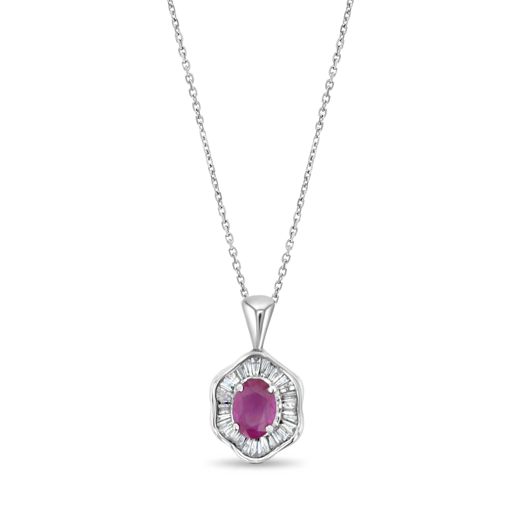 Oval Ruby & Diamond Baguette Pendant 1.20cttw 14k White Gold