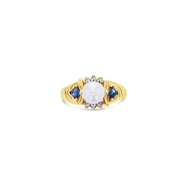 Freshwater Pearl, Sapphire & Diamond Cluster Ring 10k Yellow Gold