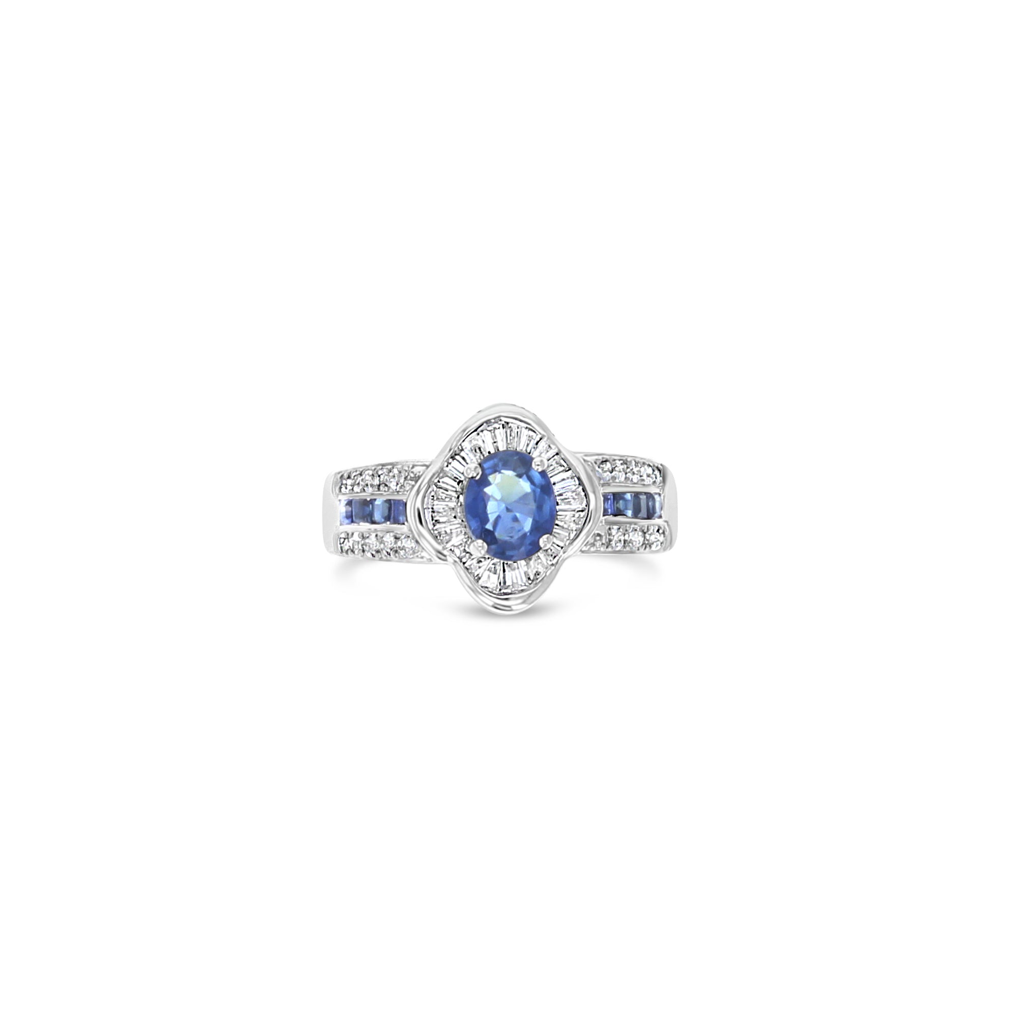 Bague de fiançailles en or blanc 18 carats avec saphir et diamants baguettes de 1,60 ct