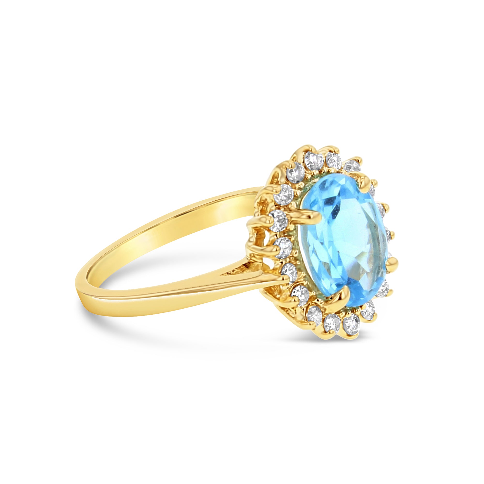 Blue Topaz Diamond Halo Ring .50cttw 14K Yellow Gold