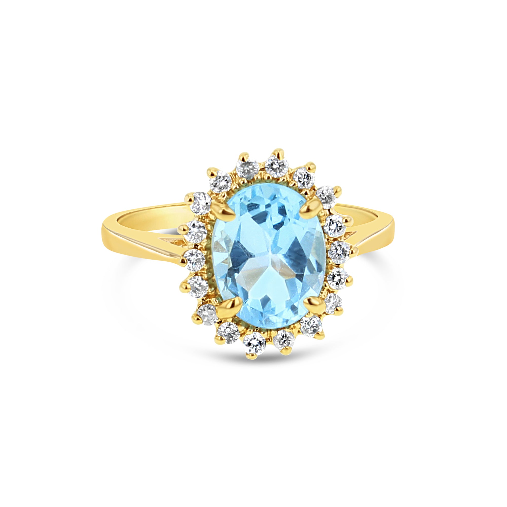 Blue Topaz Diamond Halo Ring .50cttw 14K Yellow Gold