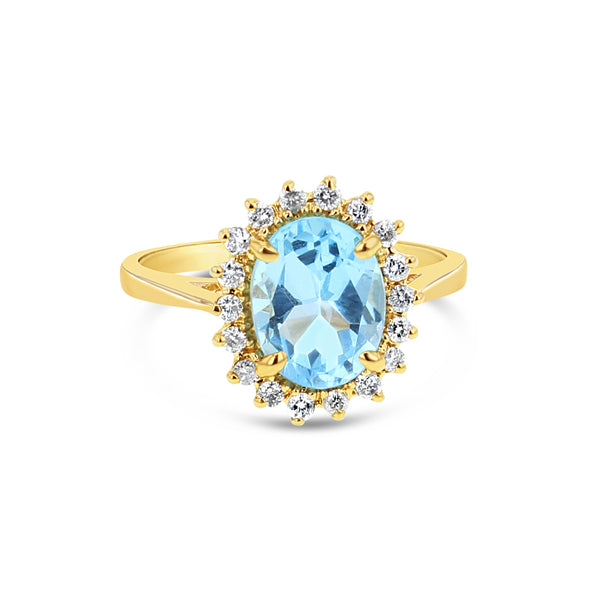 Blue Topaz Diamond Halo Ring .50cttw 14K Yellow Gold