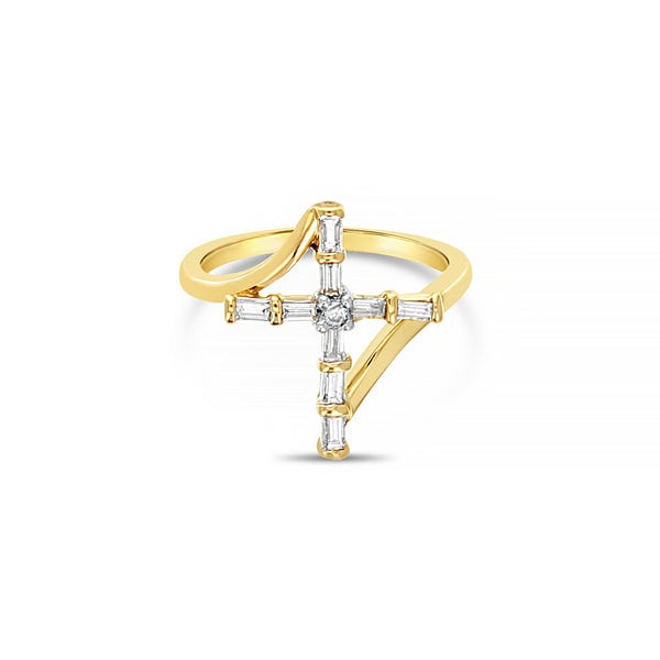 Baguette Diamond Cross Ring .20cttw 14K Yellow Gold
