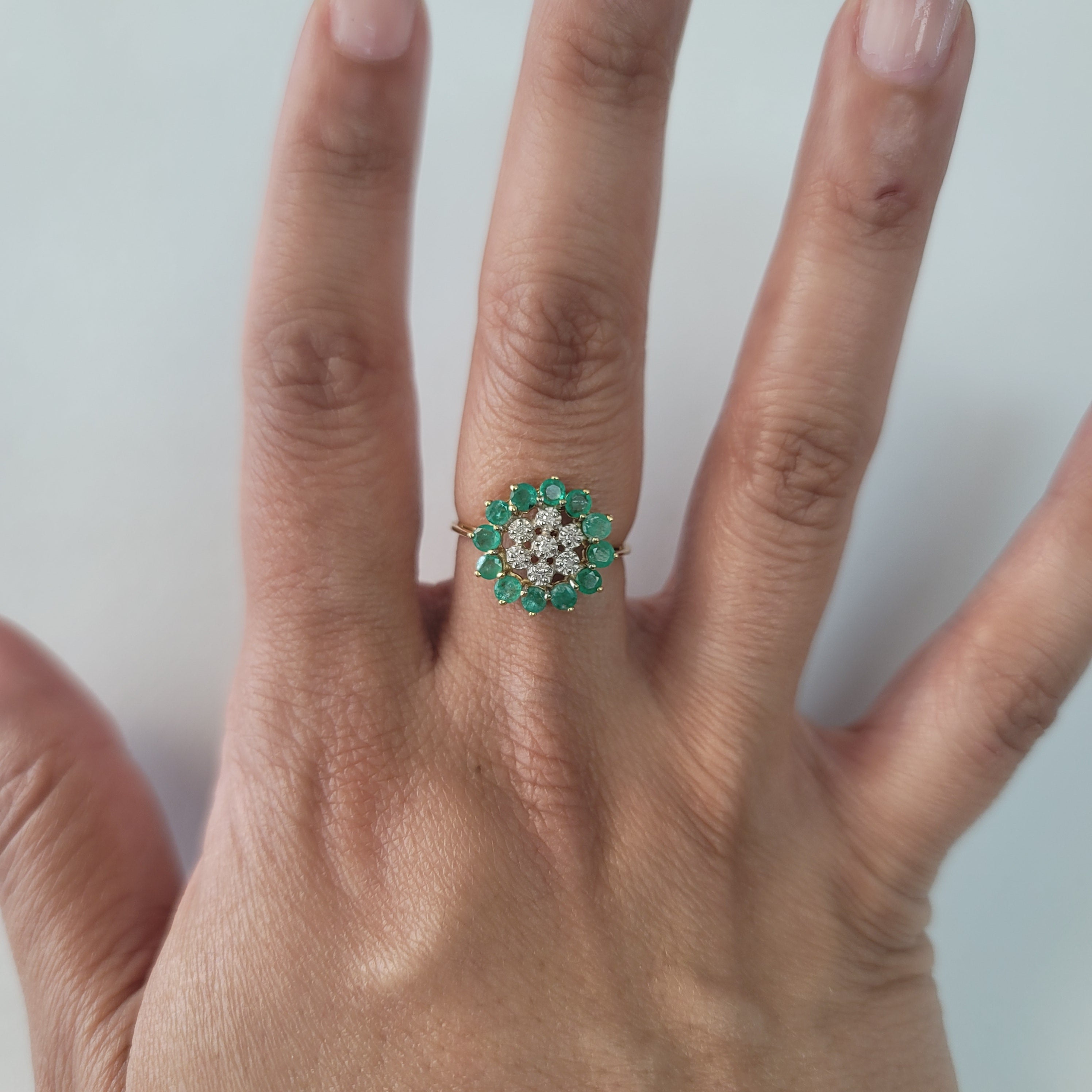 Emerald & Diamond Sunburst Ring 1.00cttw 14k Yellow Gold