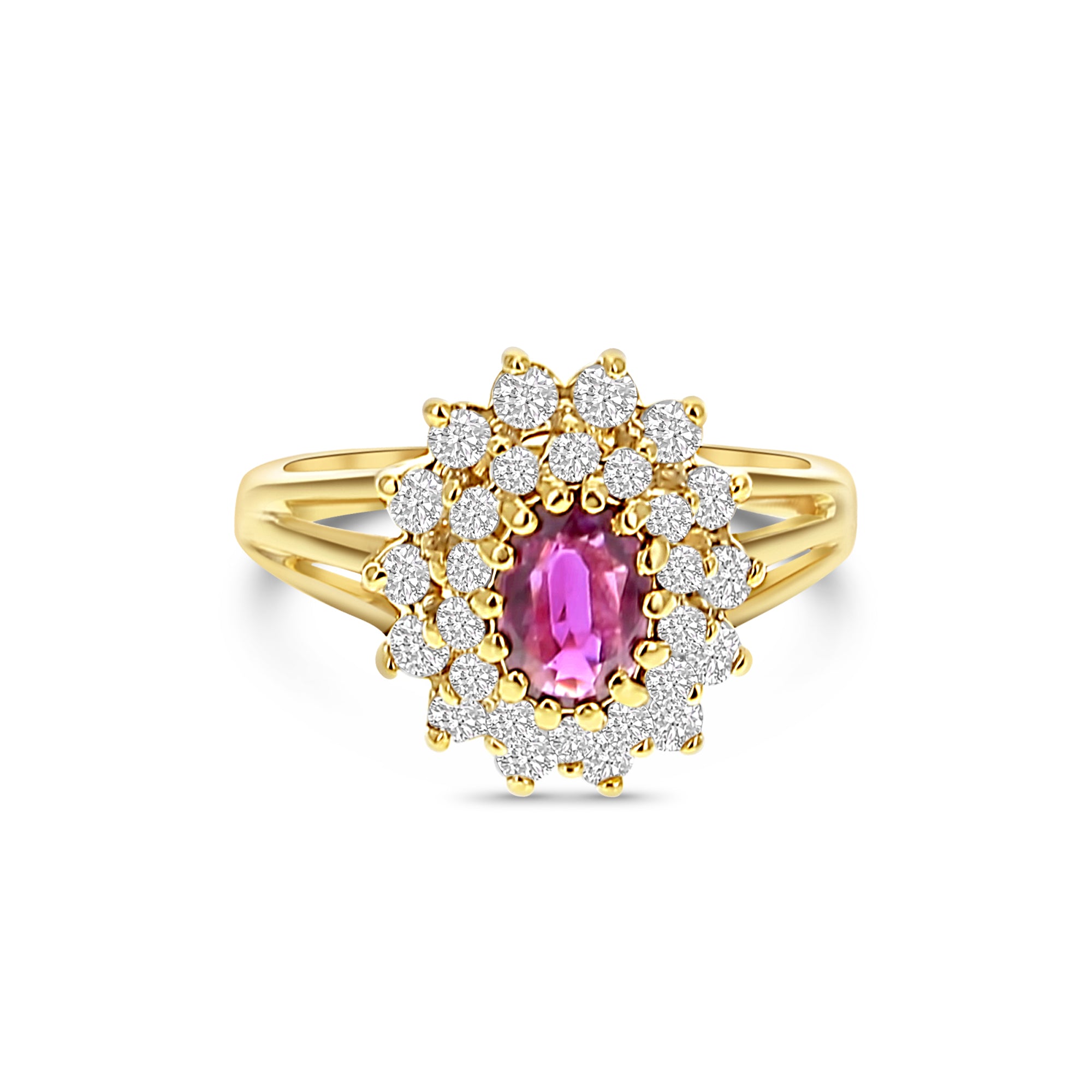 Bague de fiançailles avec halo de diamants et rubis 1,25 ct en or jaune 14 carats