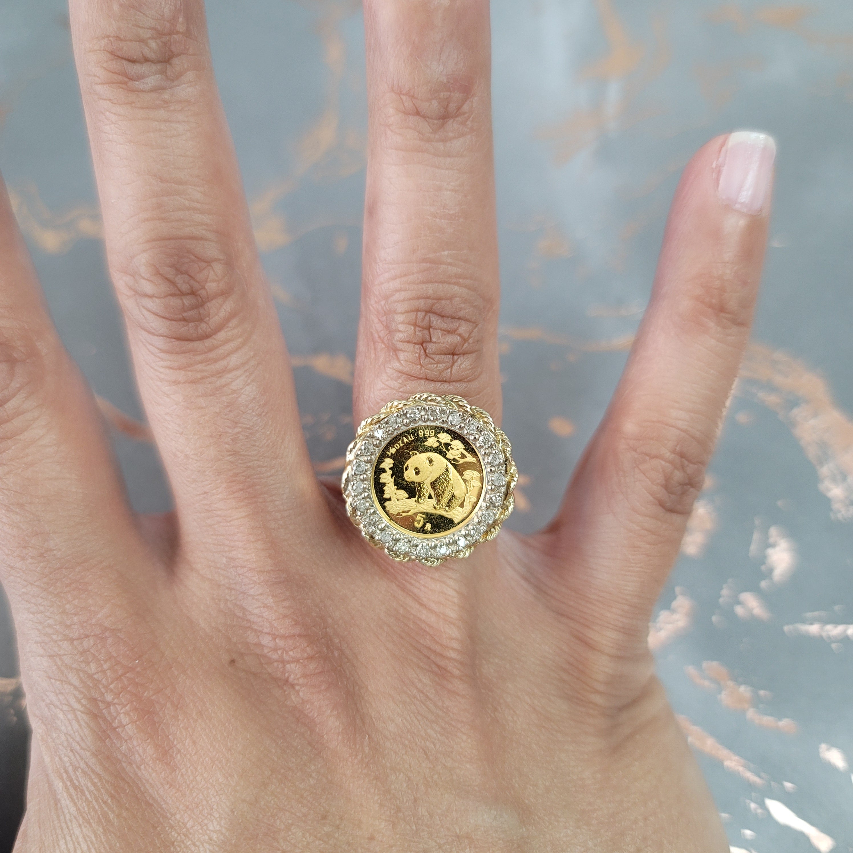 Panda .999 Gold Diamond Halo Ring w/ Rope Bezel 14k Yellow Gold