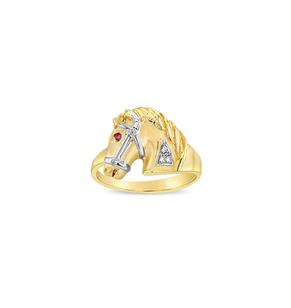 Ruby & Diamond Accented Horsehead Matte Ring 14k Yellow Gold