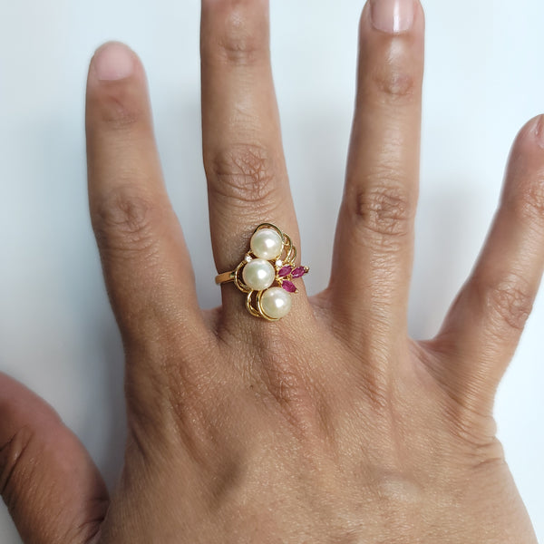 Freshwater Pearl, Ruby & Diamond Cluster Cocktail Ring 14k Yellow Gold Ring