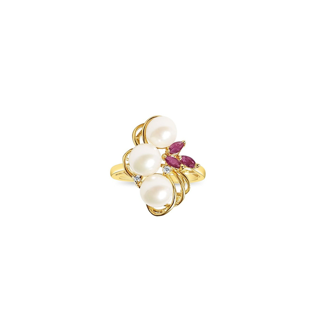 Freshwater Pearl, Ruby & Diamond Cluster Cocktail Ring 14k Yellow Gold Ring