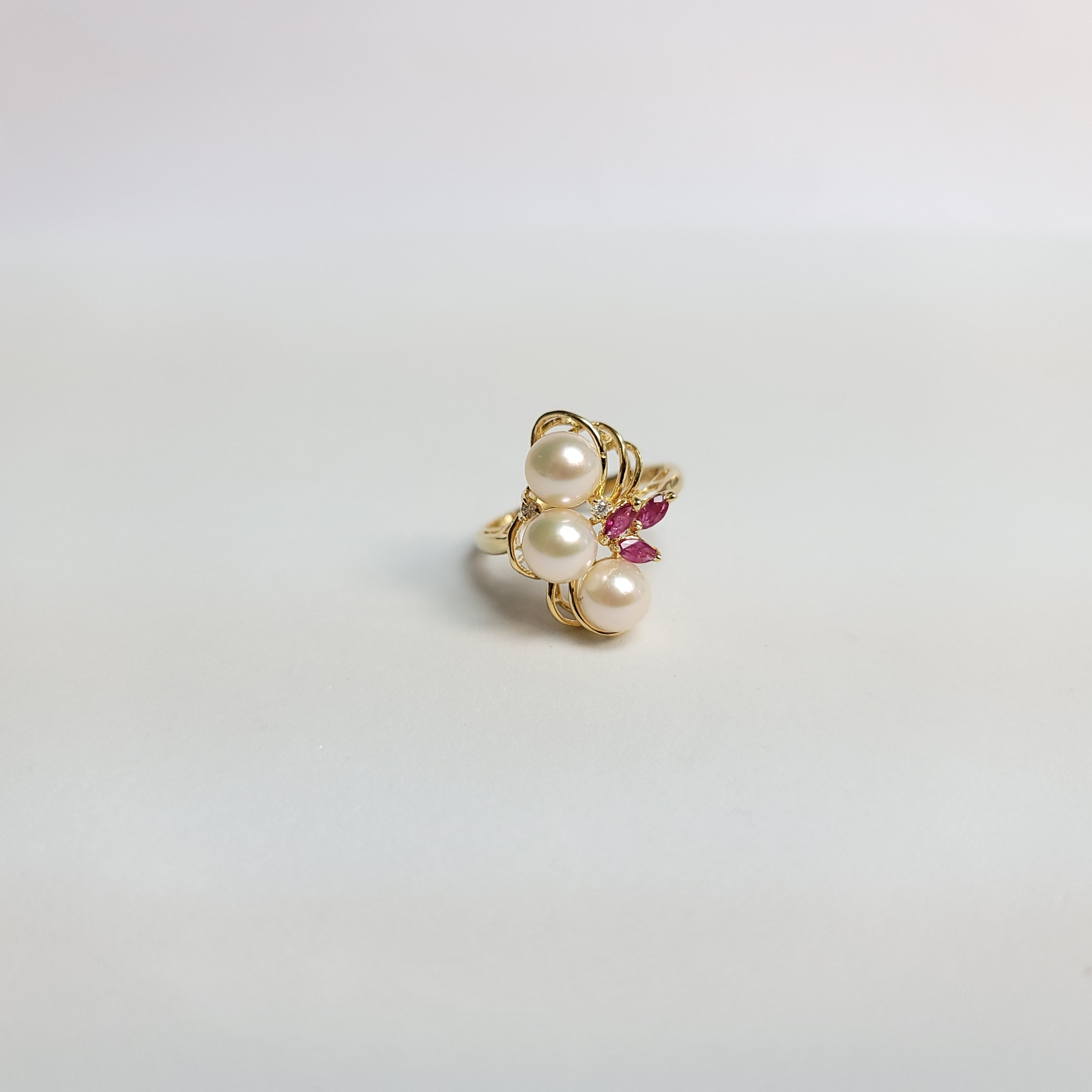 Freshwater Pearl, Ruby & Diamond Cluster Cocktail Ring 14k Yellow Gold Ring