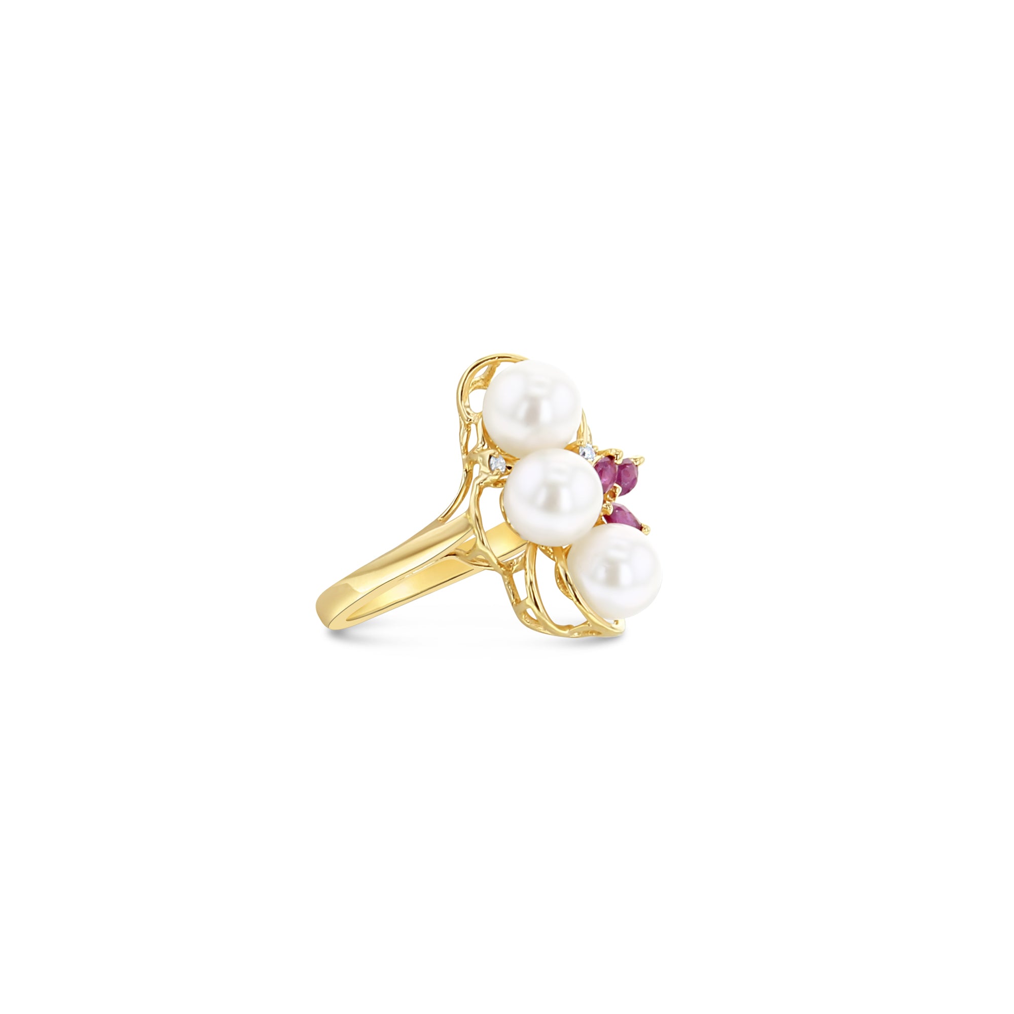 Freshwater Pearl, Ruby & Diamond Cluster Cocktail Ring 14k Yellow Gold Ring