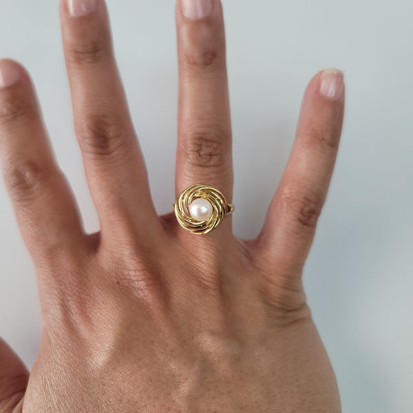 Solitaire Pearl Ring with Swirl Gold Design 14k Yellow Gold
