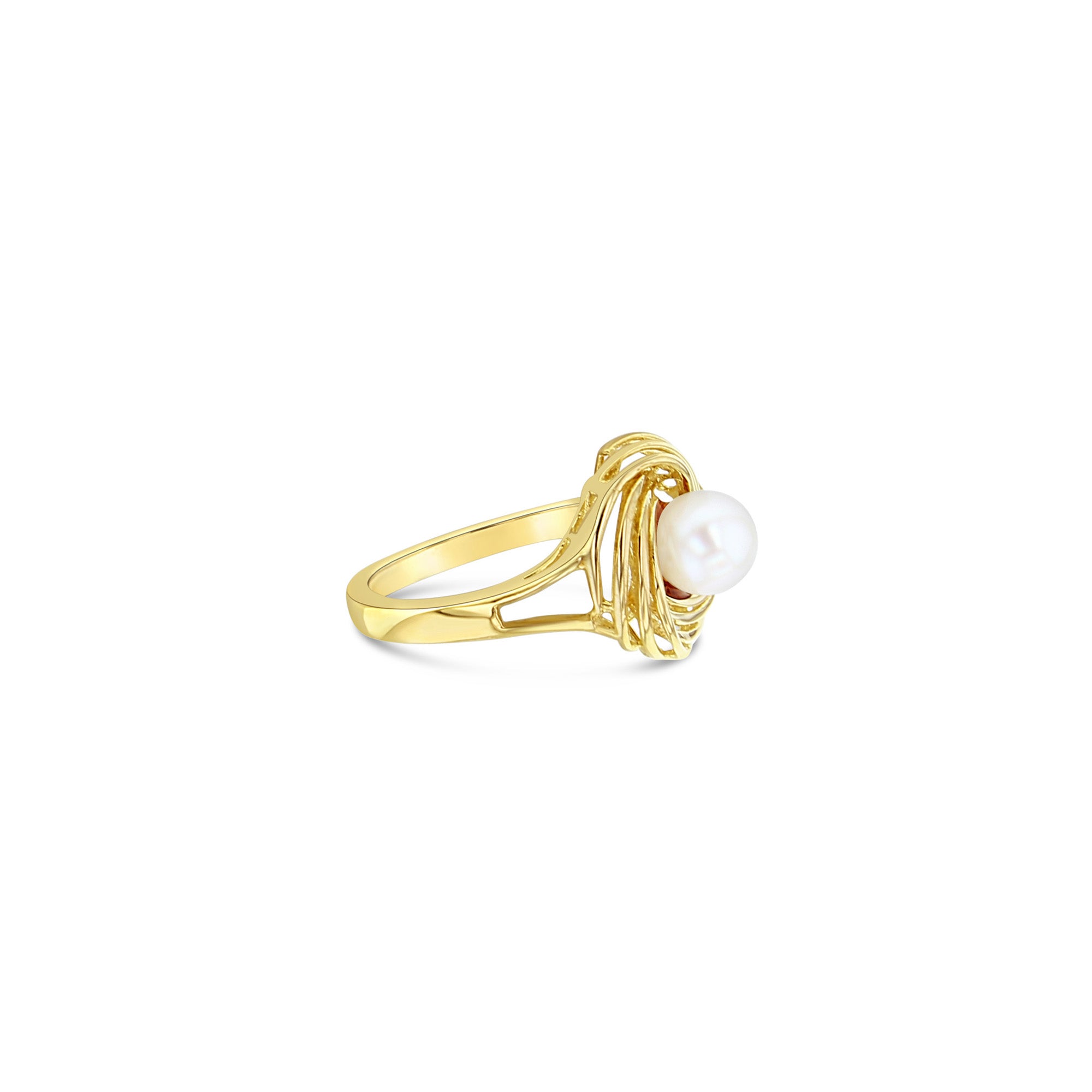 Solitaire Pearl Ring with Swirl Gold Design 14k Yellow Gold