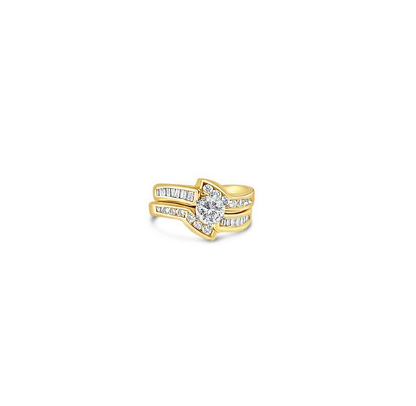 Round Diamond Center & Baguette Accent Bridal Ring Set 1.33cttw 14k Yellow Gold