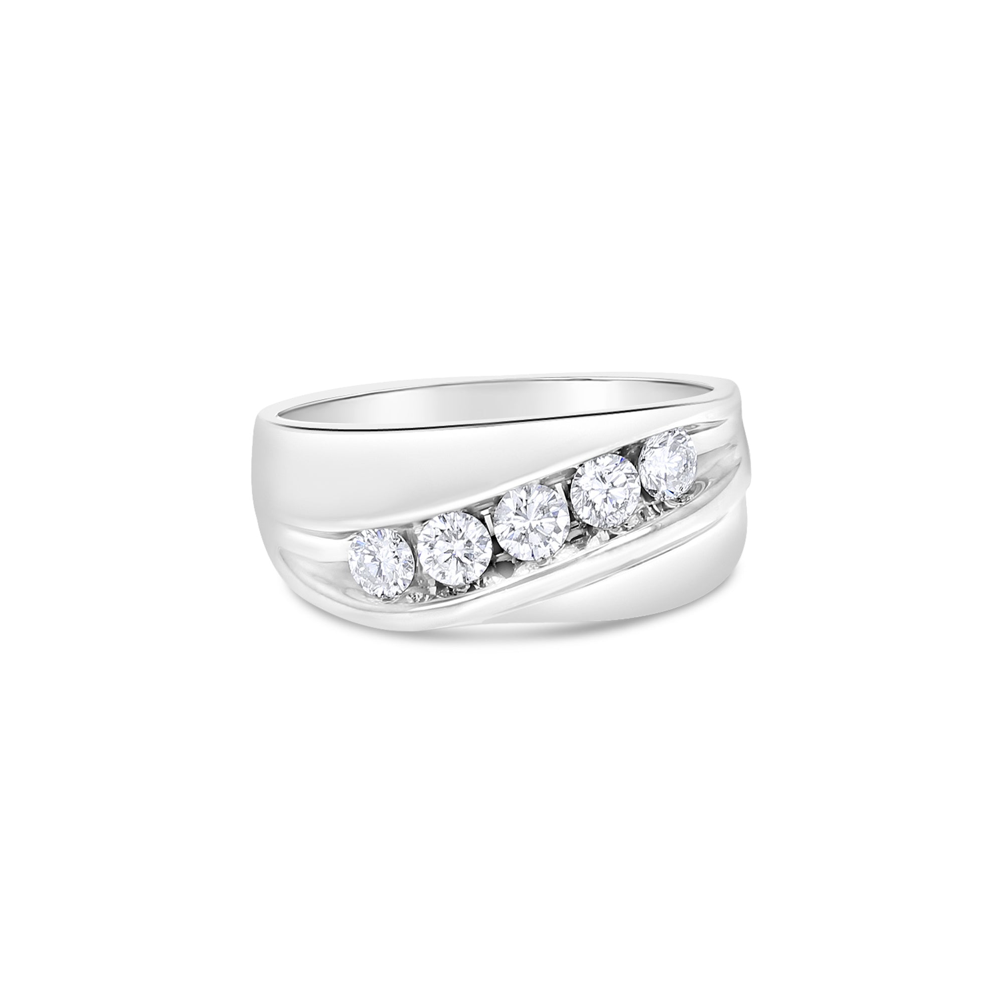 Alianza de boda con cinco diamantes en diagonal de 1,50 cts en oro blanco de 14 k