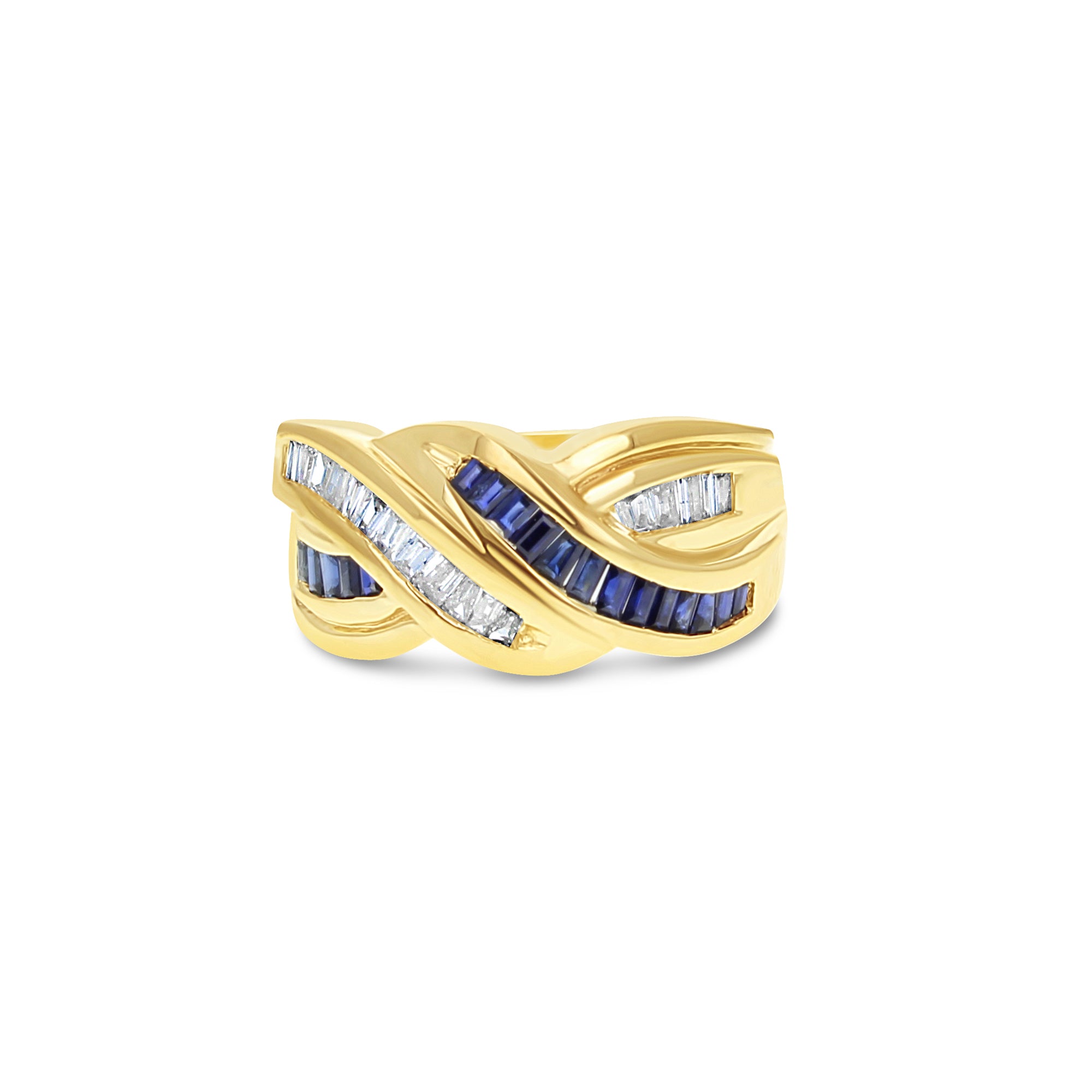 Bague cocktail en or jaune 14 carats avec saphirs et diamants baguette