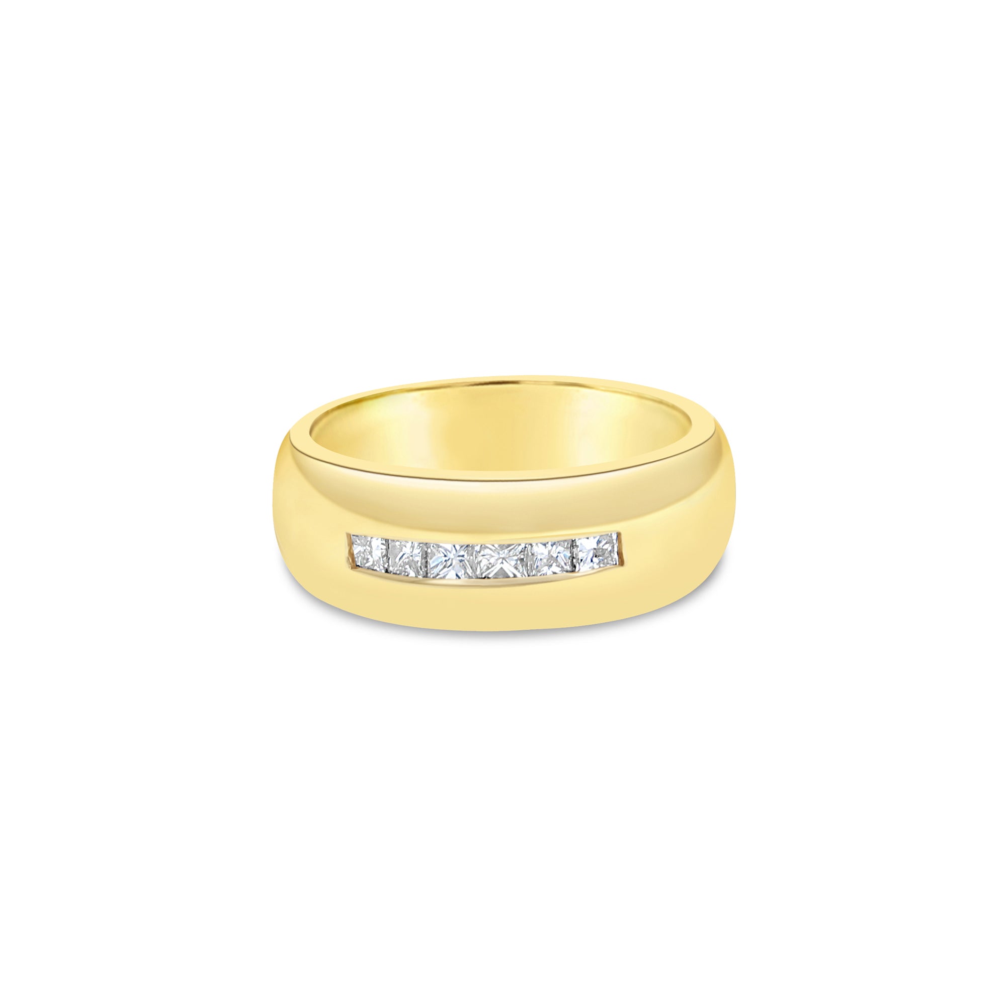 Alianza de boda para hombre con diamantes de talla princesa en oro amarillo de 14 k